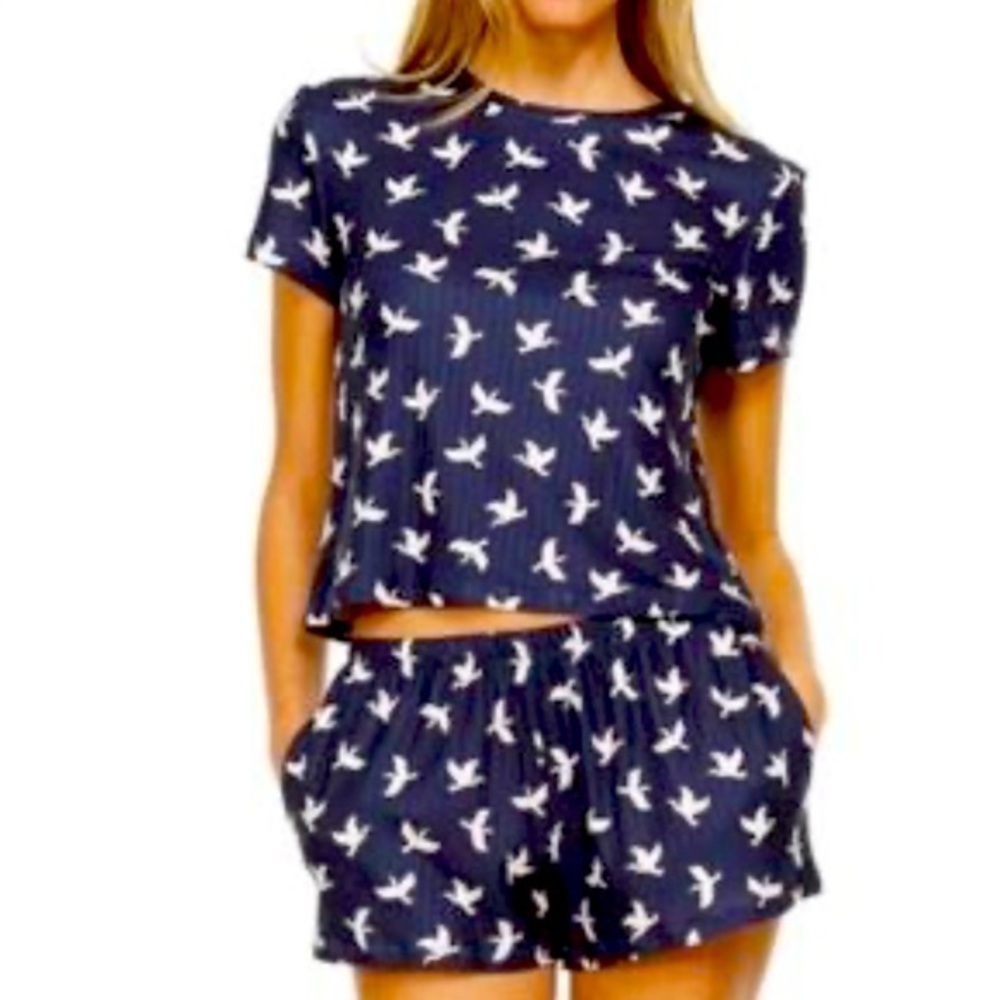 Flora Nikrooz Blue and White Bird Print Pajama Set Matching Shorts and Short Tee